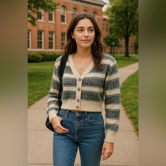 Wilfred Sweaters - Taupe Striped Cadence Mohair Wool Cropped Cardigan Wilfred Aritzia EUC XS #1133